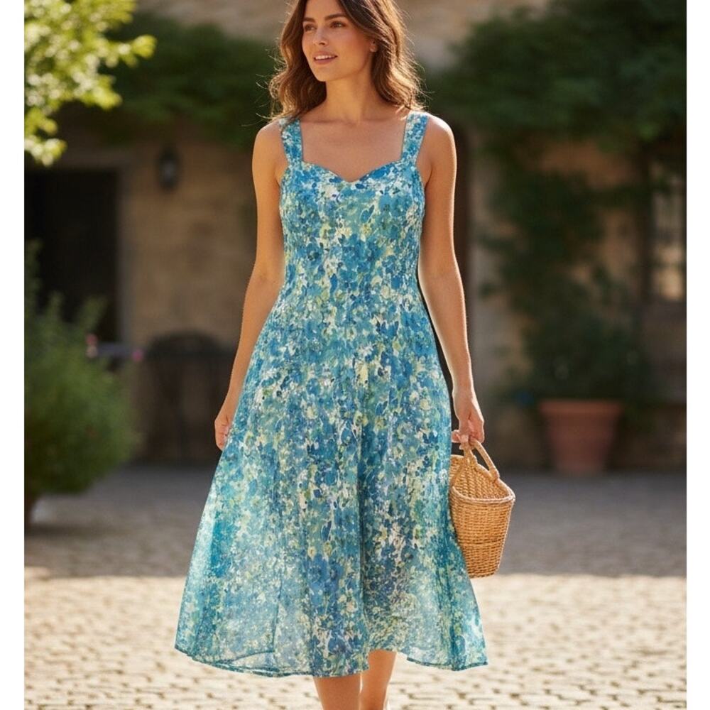 Connected Apparel Sun Dress Fairy Blue Watercolor Y2K SZ 16 Flowing Chiffon Boho